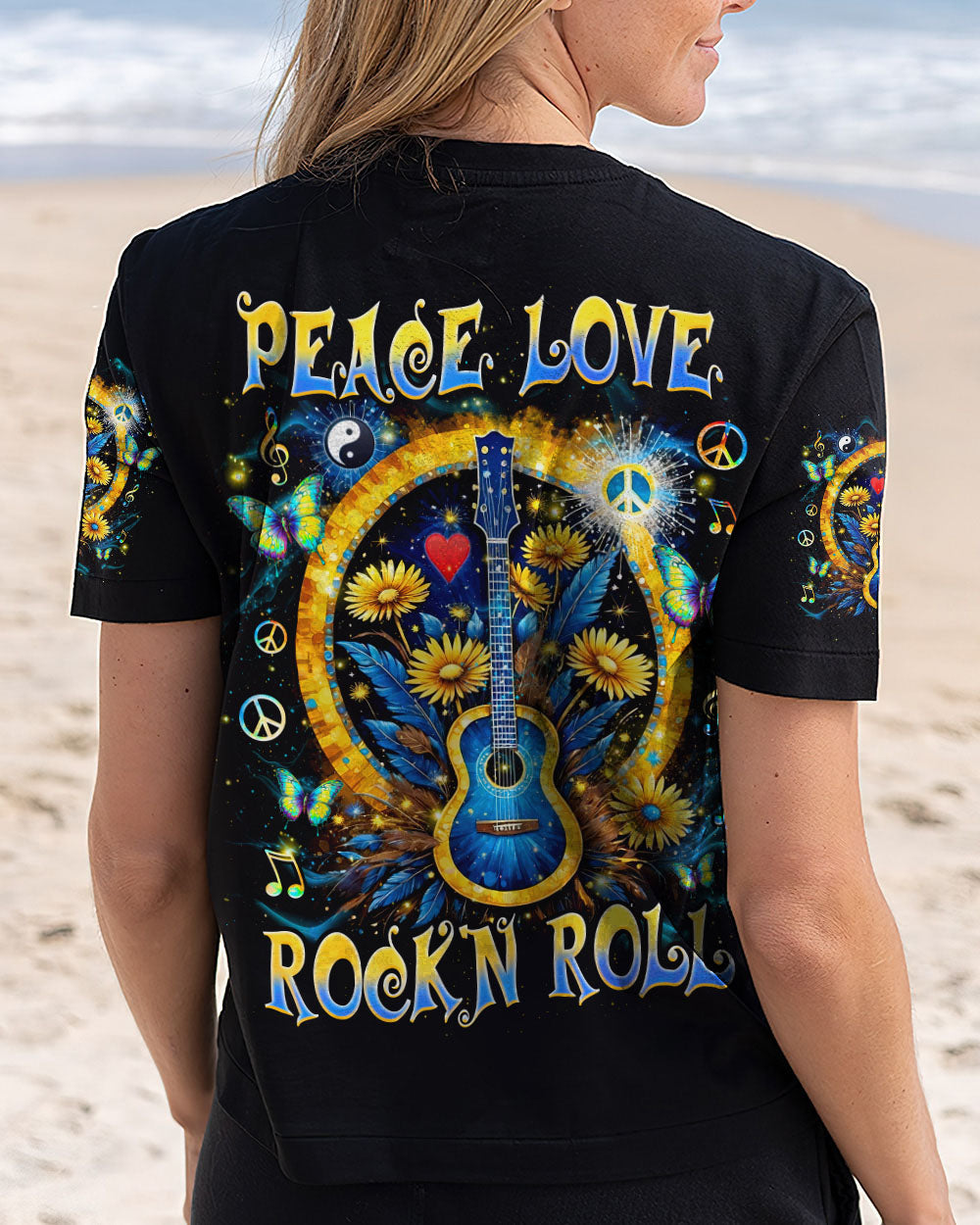 Peace Love Rock _E2_80_98N Roll Guitar and Sunflower Floral Music Graphic Tee AOP Shirts _2_ VKANT