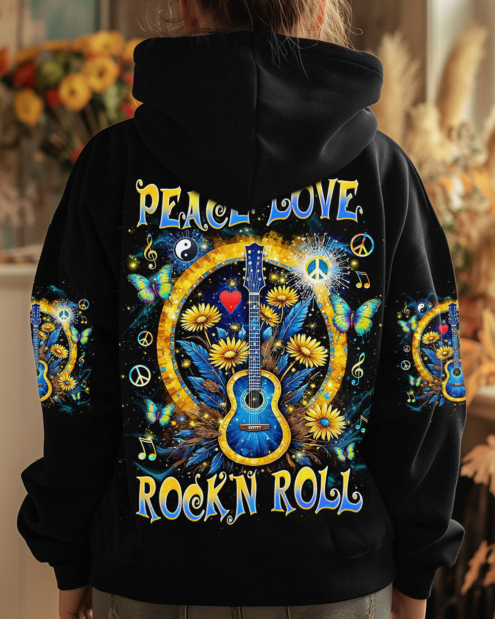 Peace Love Rock _E2_80_98N Roll Guitar and Sunflower Floral Music Graphic Tee AOP Shirts _4_ omh9C