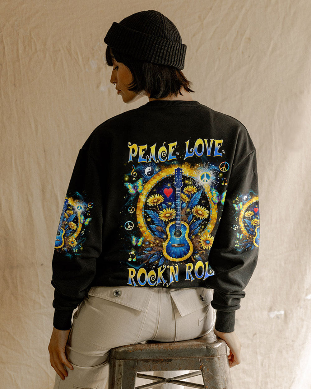 Peace Love Rock _E2_80_98N Roll Guitar and Sunflower Floral Music Graphic Tee AOP Shirts _6_ lN1IS