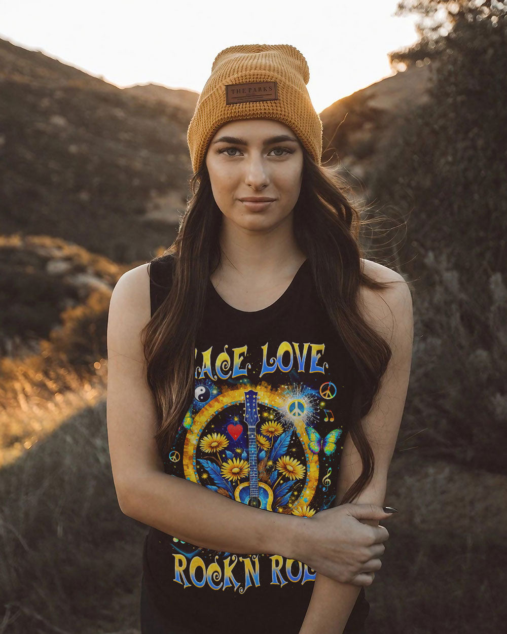 Peace Love Rock _E2_80_98N Roll Guitar and Sunflower Floral Music Graphic Tee AOP Shirts _8_ U6iaw