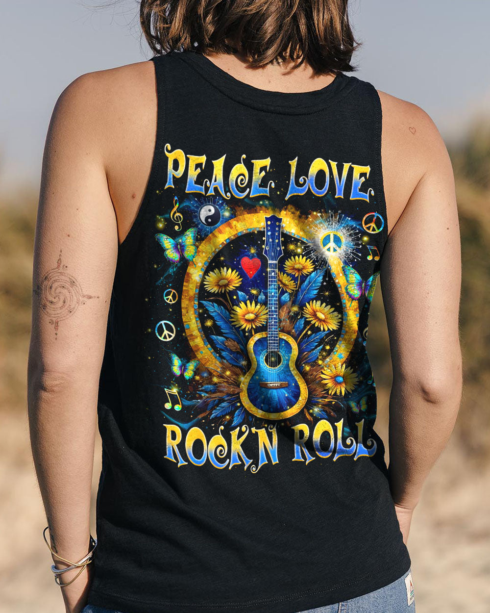 Peace Love Rock _E2_80_98N Roll Guitar and Sunflower Floral Music Graphic Tee AOP Shirts _9_ 13drN