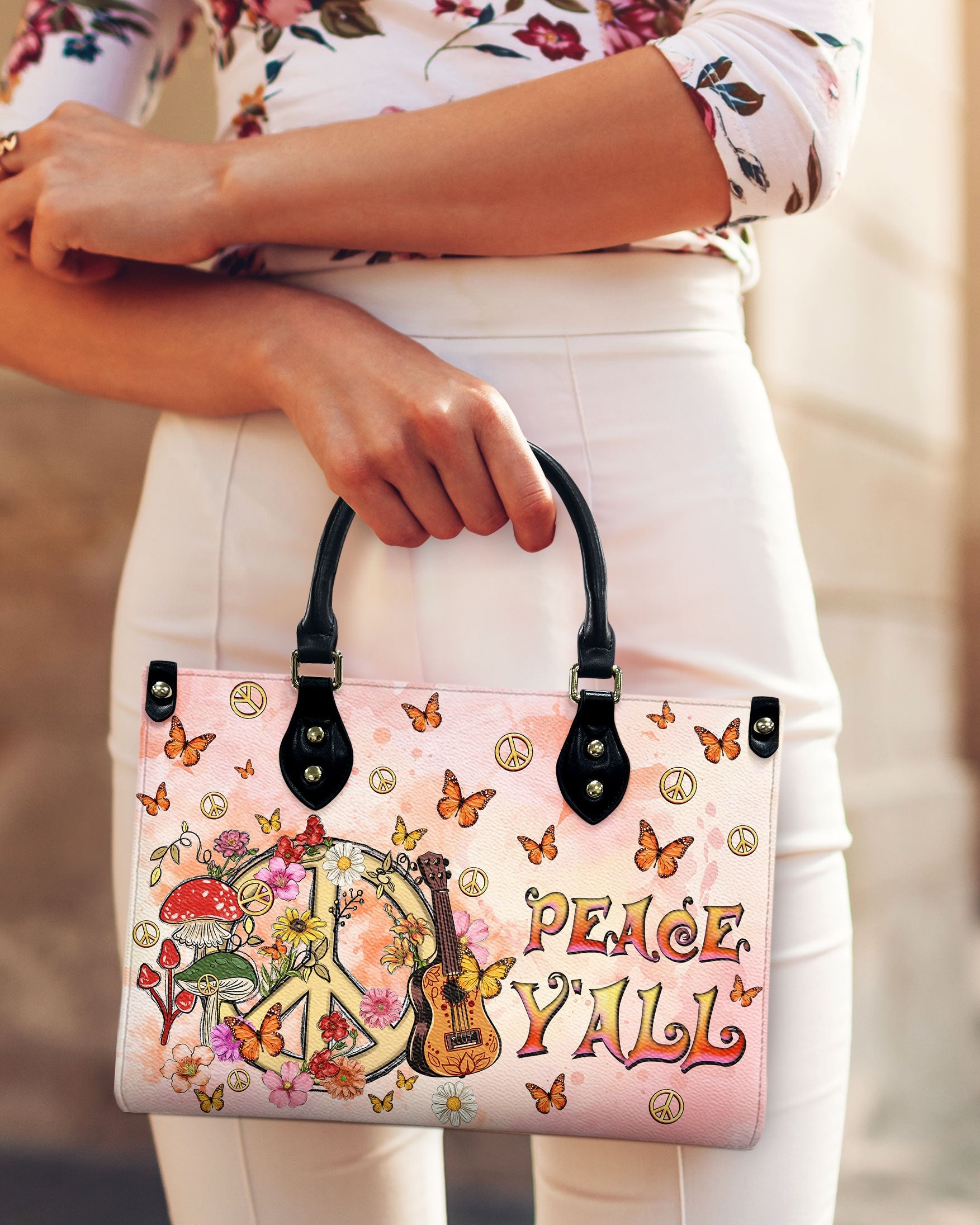 Peace Y_E2_80_99All Peace Sign with Guitar and Mushrooms Hippie Leather Bag Gift for Women _8_ 7RTwZ