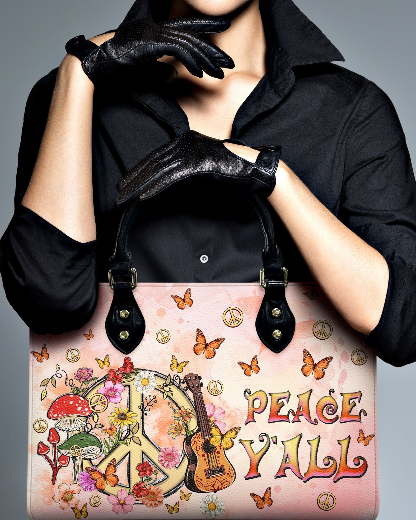 Peace Y_E2_80_99All Peace Sign with Guitar and Mushrooms Hippie Leather Bag Gift for Women _9_ lJqmF