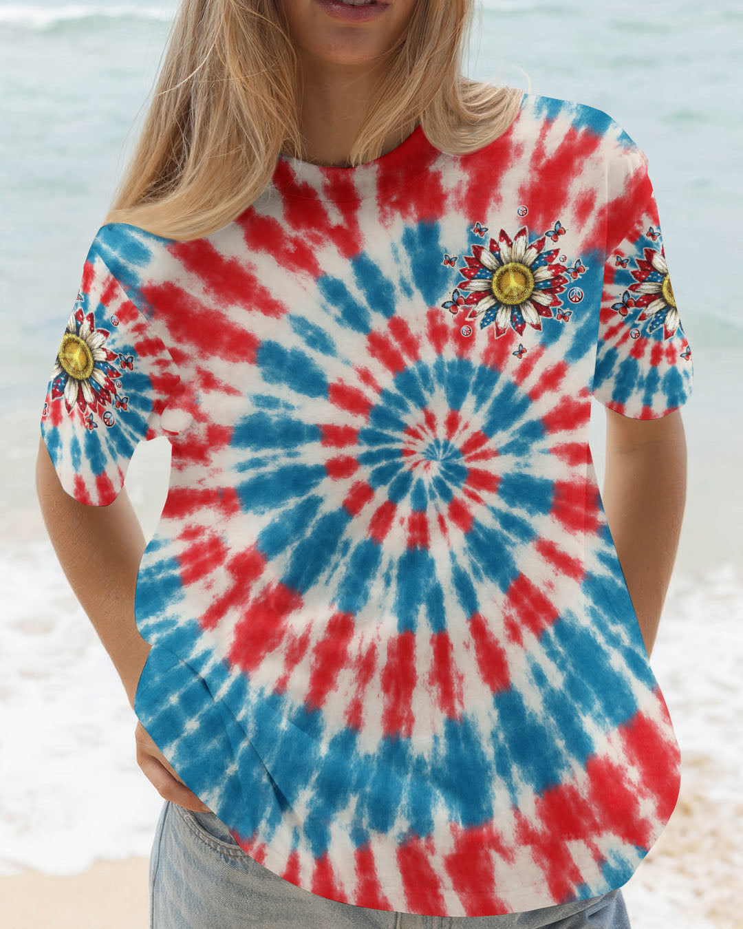 Peace Y_E2_80_99all Sunflower USA Tie Dye Patriotic 4th of July Tee for Women AOP Shirts _2_ YccQW