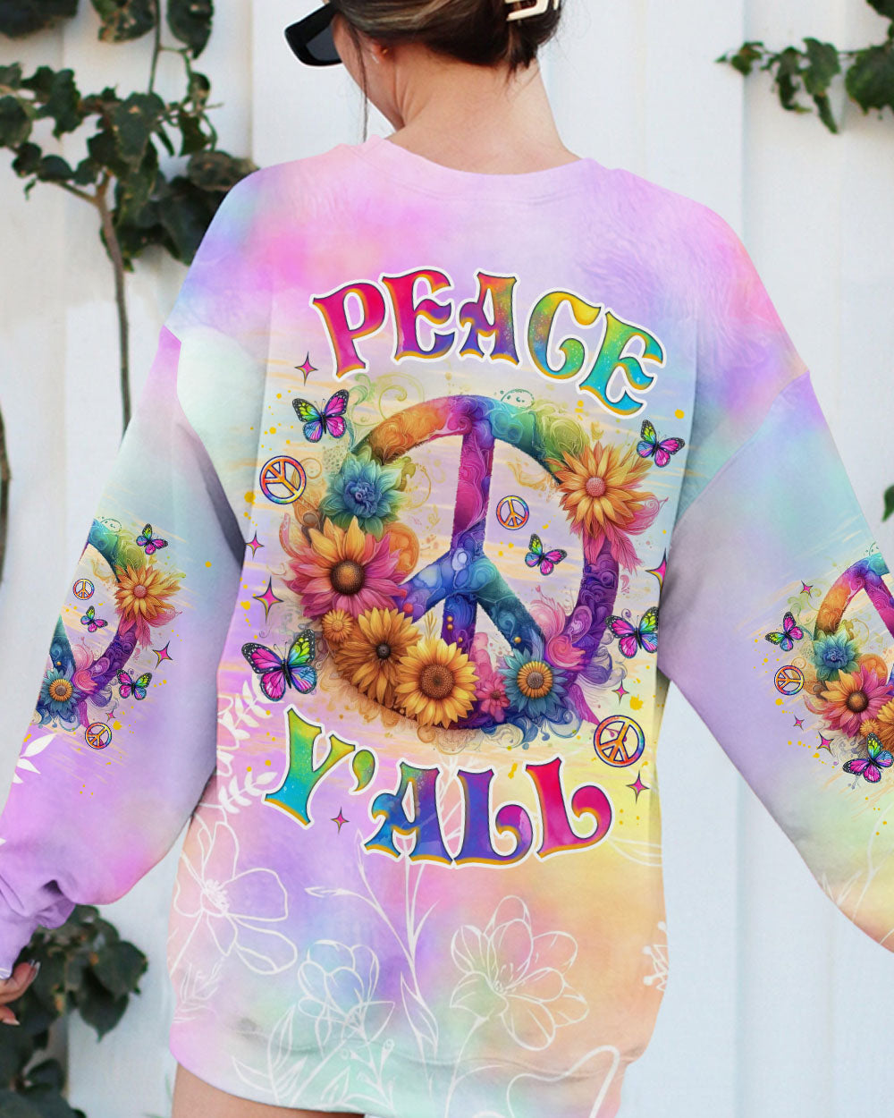 Peace Y_E2_80_99all Tie Dye Peace Symbol with Flowers and Butterflies AOP Shirts _3_ lVZaT