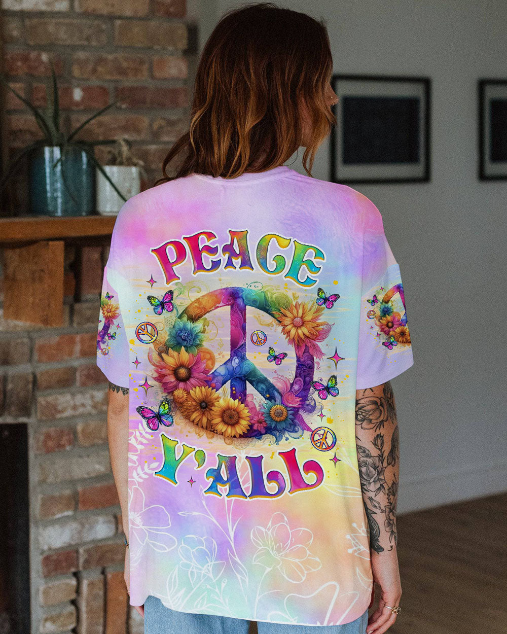 Peace Y_E2_80_99all Tie Dye Peace Symbol with Flowers and Butterflies AOP Shirts _8_ daOZJ