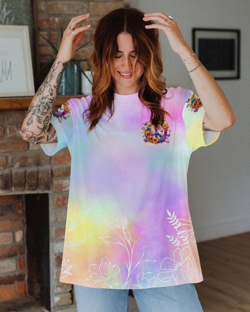 Peace Y_E2_80_99all Tie Dye Peace Symbol with Flowers and Butterflies AOP Shirts _9_ 59JHO