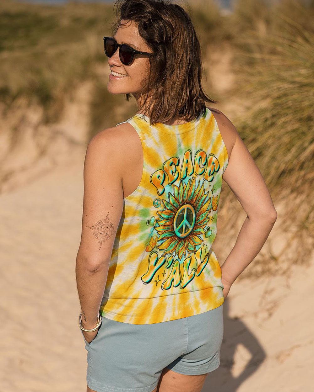 Peace Yall Sunflower Tie Dye Boho Style with Retro Vibes and Hippie Peace Sign AOP Shirts _11_ 9XDd3