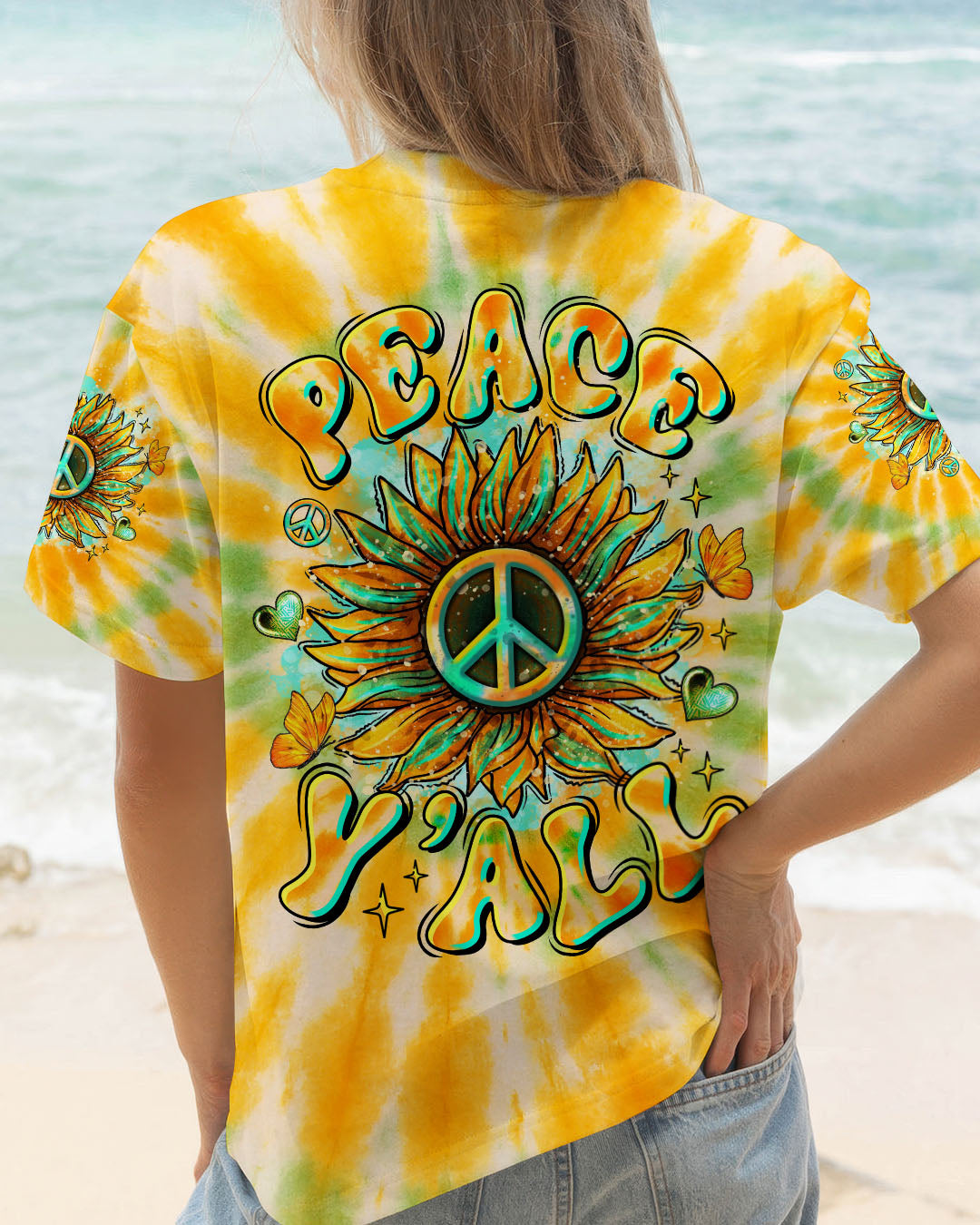 Peace Yall Sunflower Tie Dye Boho Style with Retro Vibes and Hippie Peace Sign AOP Shirts _12_ 8wHcG