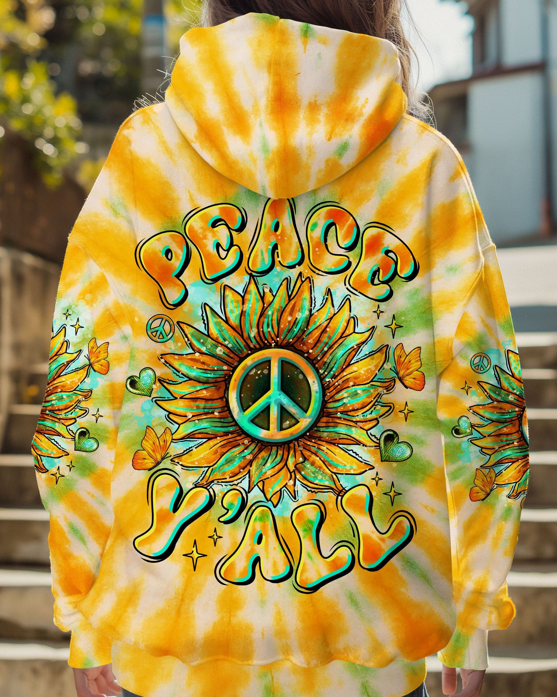 Peace Yall Sunflower Tie Dye Boho Style with Retro Vibes and Hippie Peace Sign AOP Shirts _5_ koE7p