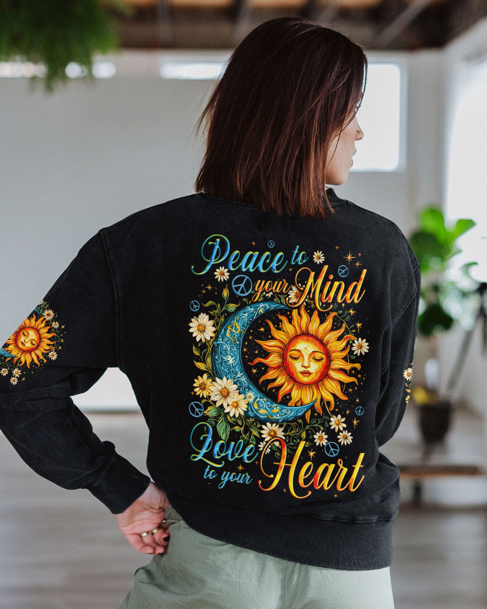 Peace to your Mind Love to your Heart Sun Moon Peace Sign Graphic AOP Shirts _10_ bl2O8