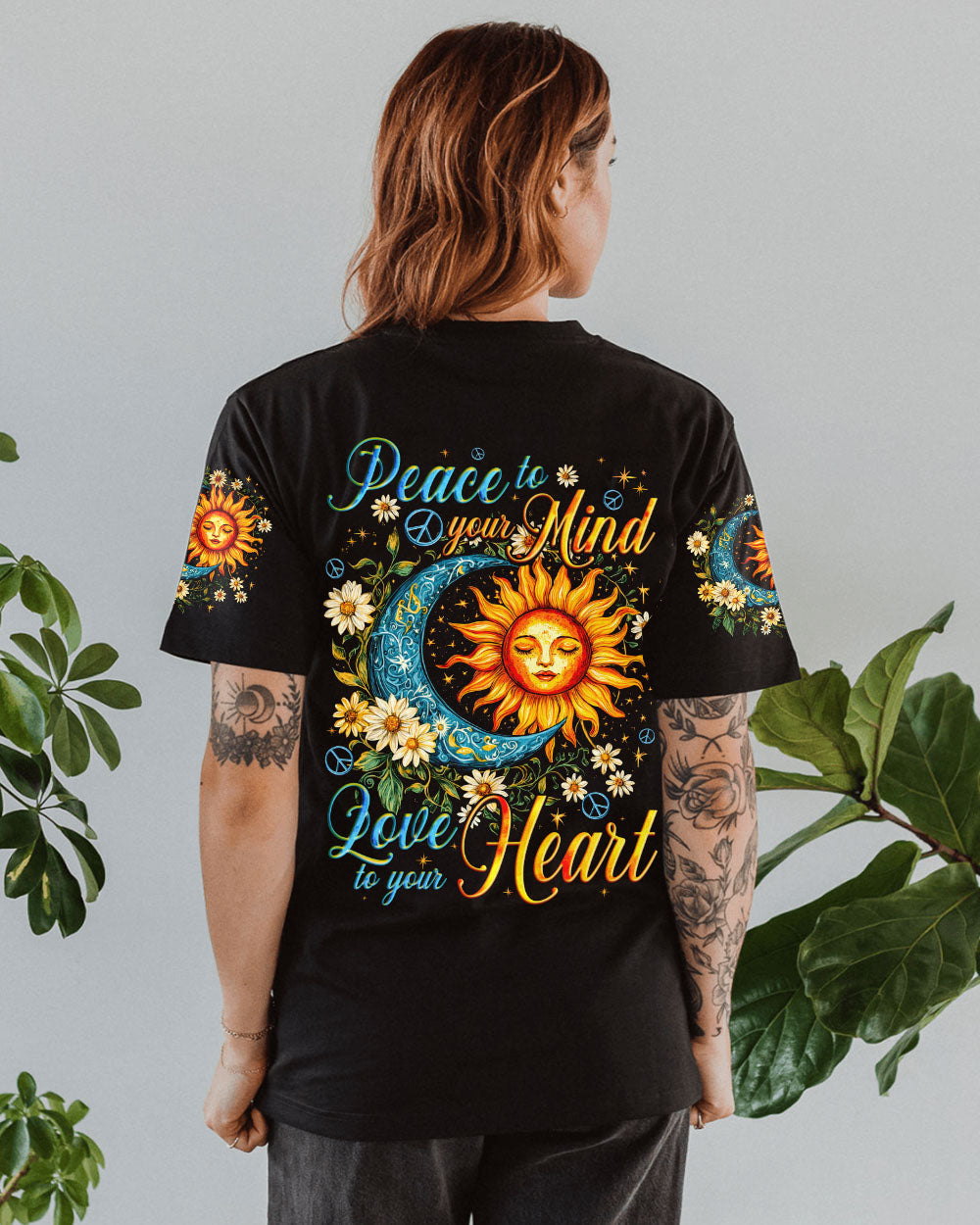 Peace to your Mind Love to your Heart Sun Moon Peace Sign Graphic AOP Shirts _12_ gkqcE