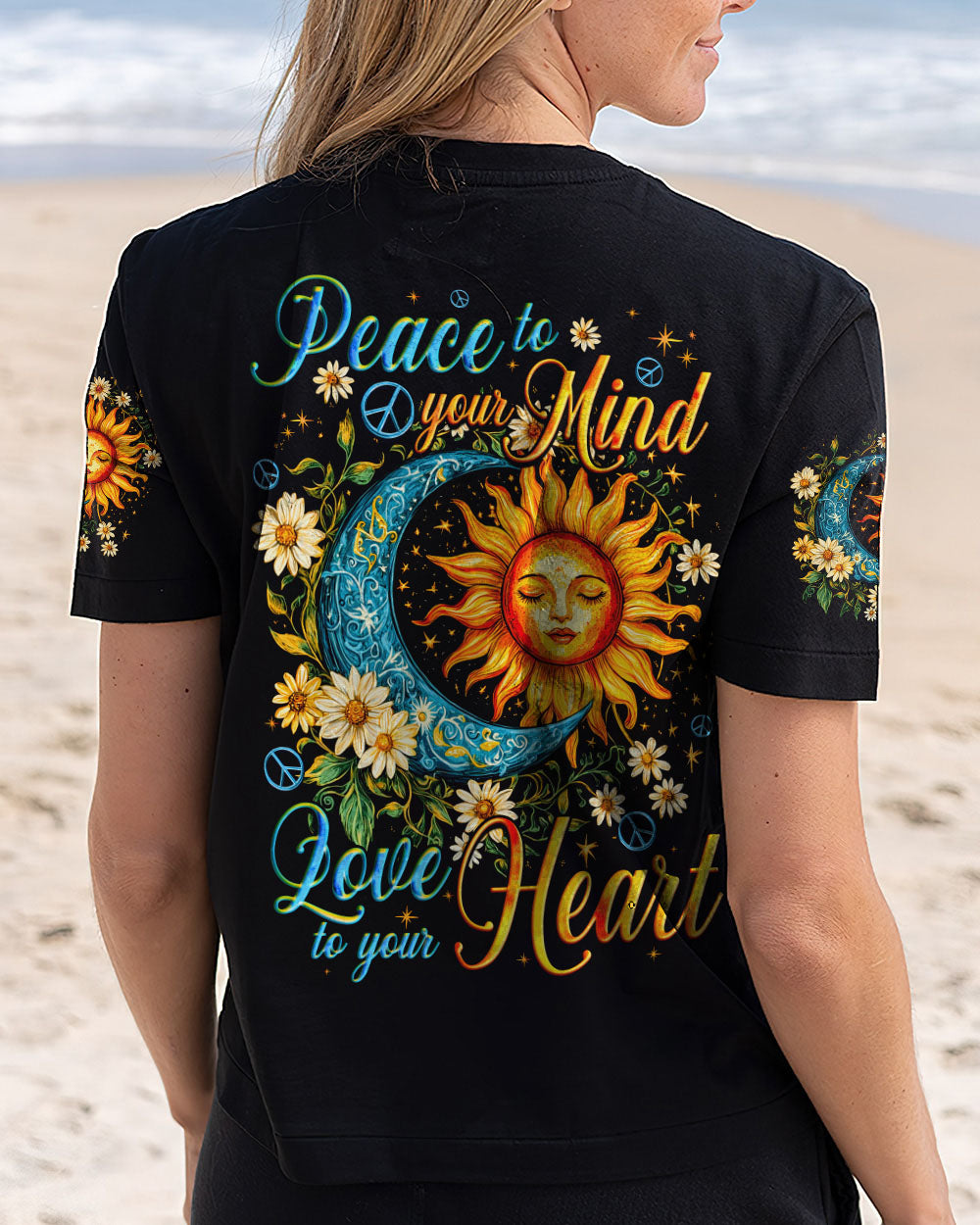 Peace to your Mind Love to your Heart Sun Moon Peace Sign Graphic AOP Shirts _1_ ksyrA