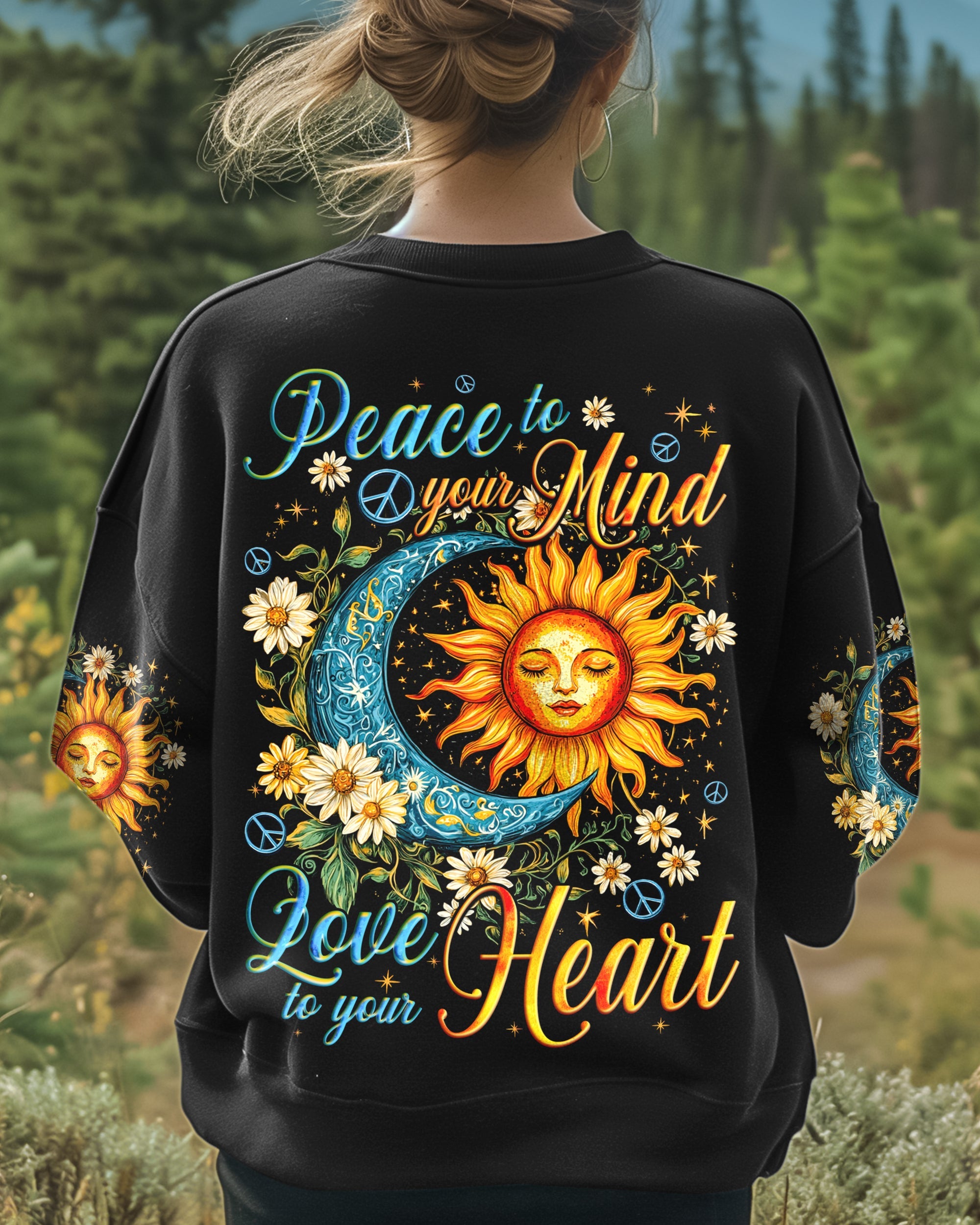 Peace to your Mind Love to your Heart Sun Moon Peace Sign Graphic AOP Shirts _5_ 3qHI7