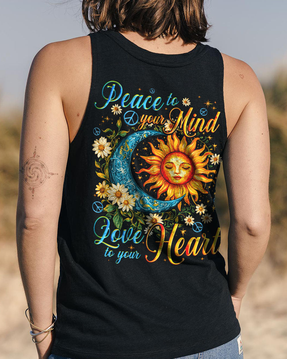 Peace to your Mind Love to your Heart Sun Moon Peace Sign Graphic AOP Shirts _9_ cSk5x