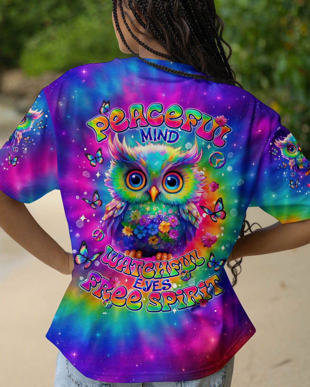 Peaceful Mind Watchful Eyes Owl Colorful Free Spirit Tie Dye Design AOP Shirts _12_ kB1pD