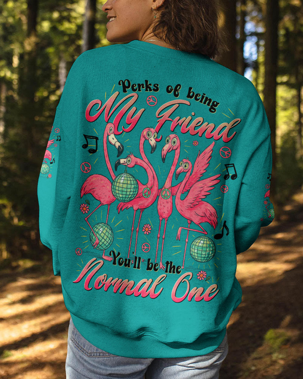 Perks of Being My Friend Youll Be the Normal One Funny Flamingo Music AOP Shirts _5_ feKWR