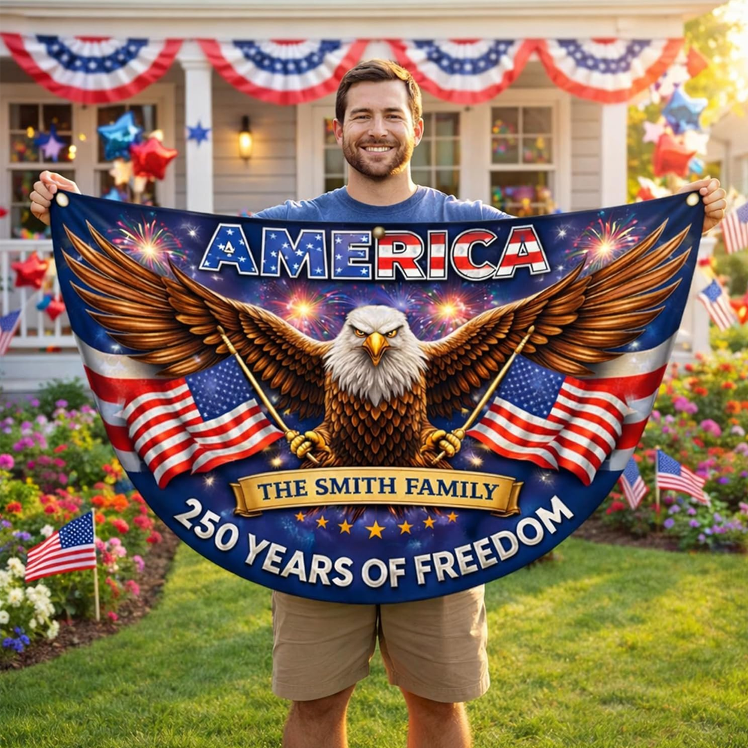 Personalized USA 250th Anniversary Bunting Flag with Family Name_ 4th of July Patriotic Eagle Design 001
