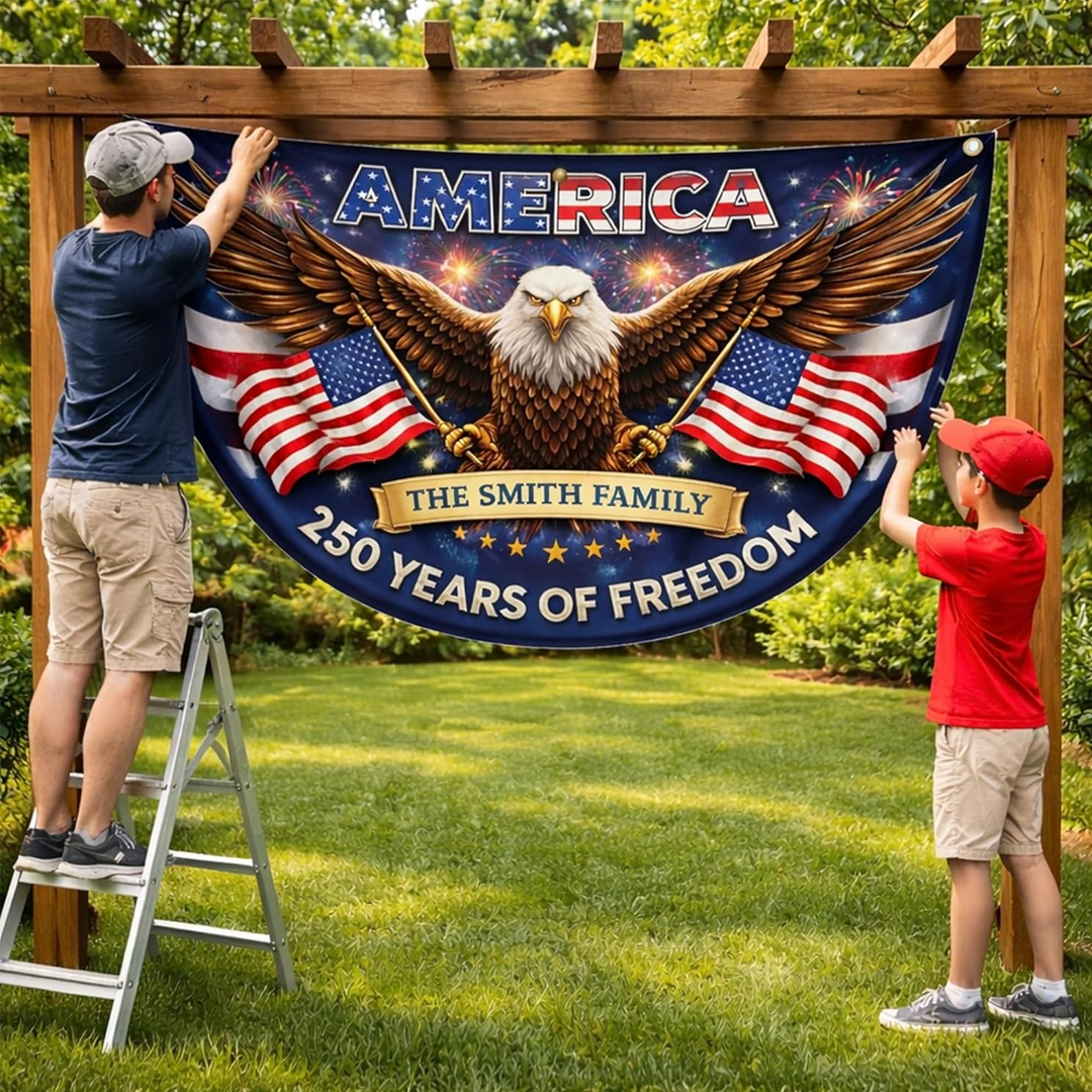 Personalized USA 250th Anniversary Bunting Flag with Family Name_ 4th of July Patriotic Eagle Design 003