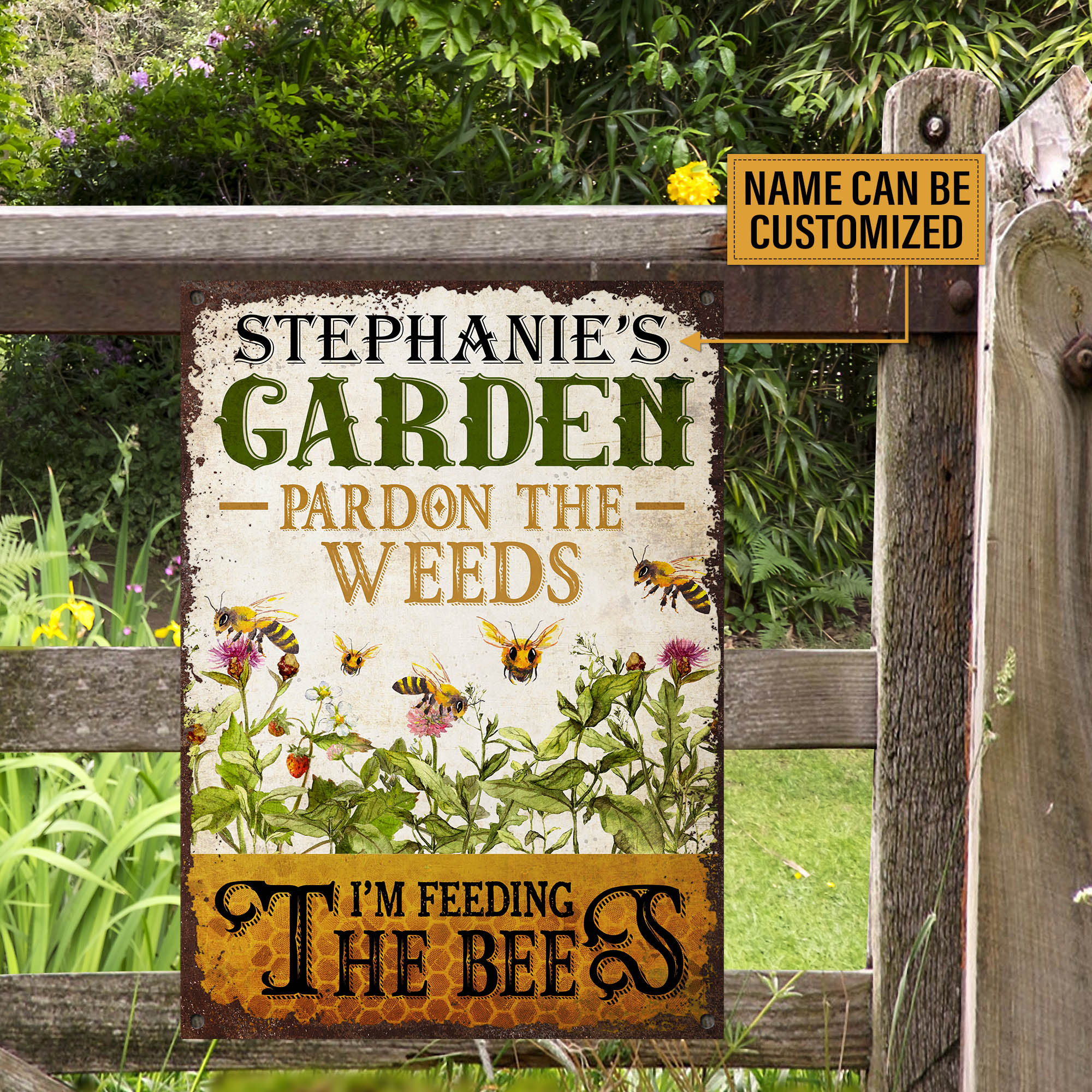 PersonalizedBeeGardenPardonTheWeedsClassicMetalSignMockup 510 Tintin_bc26f7d5 55ed 42bf ac24 40de0df50659