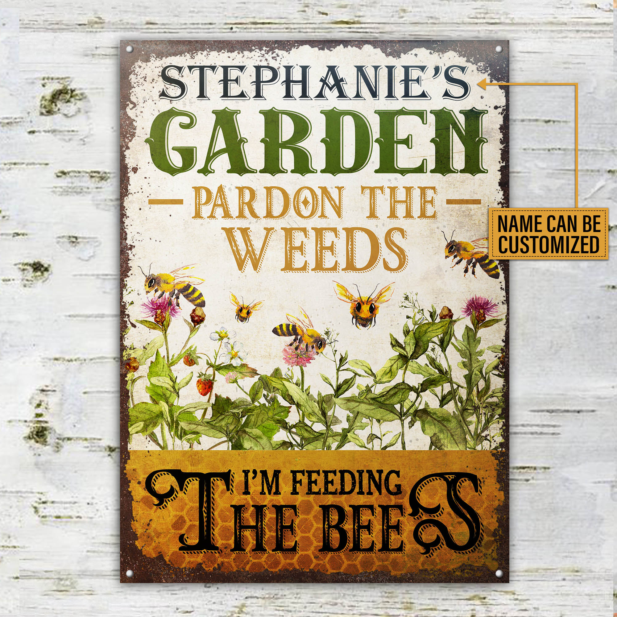 PersonalizedBeeGardenPardonTheWeedsClassicMetalSignMockup03 510 Tintin_b2cdfb33 d02f 465e a234 06b6e40756c4