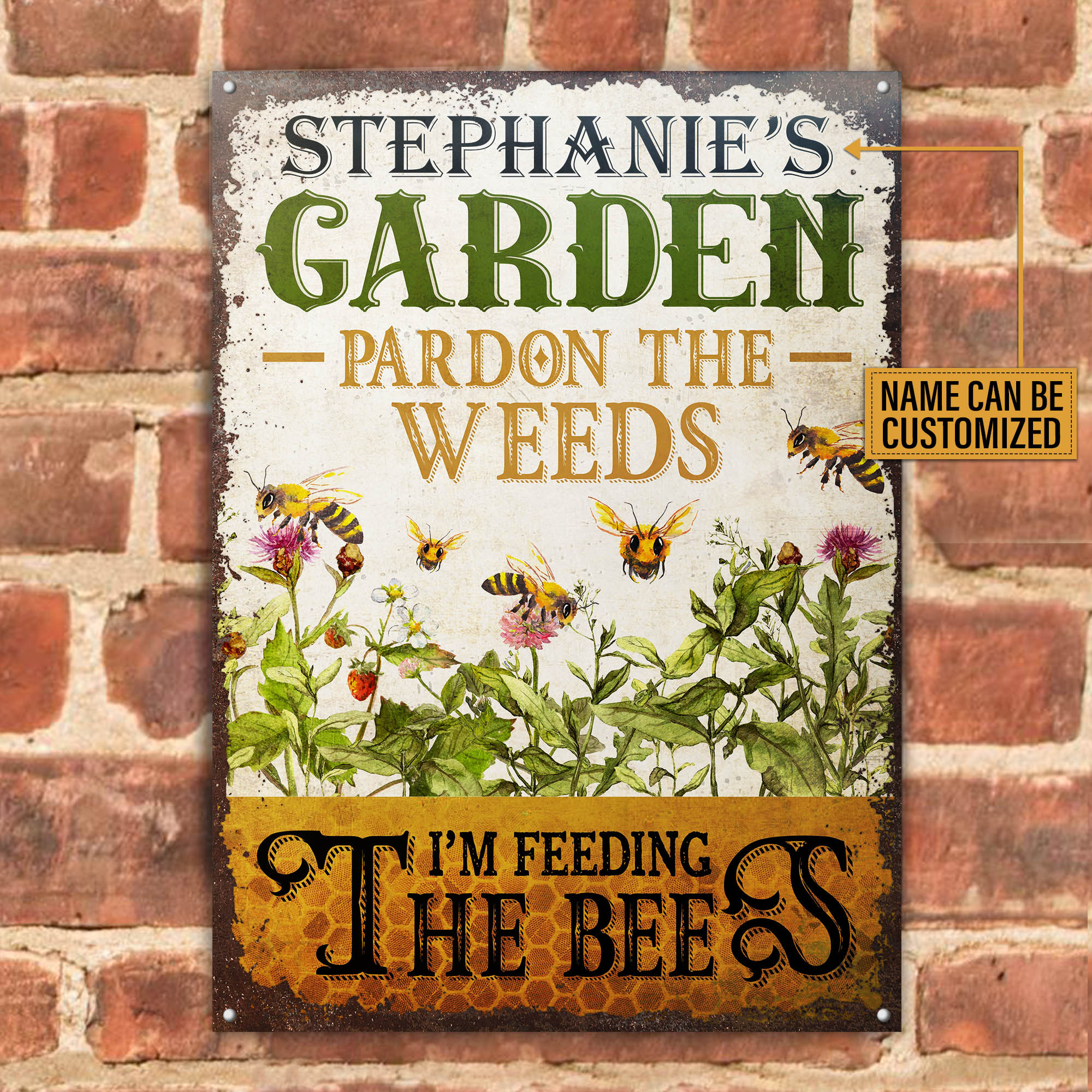 PersonalizedBeeGardenPardonTheWeedsClassicMetalSignMockup04 510 Tintin_6a7c5bbe 93e6 4d12 868b 58bb6cd6c8af