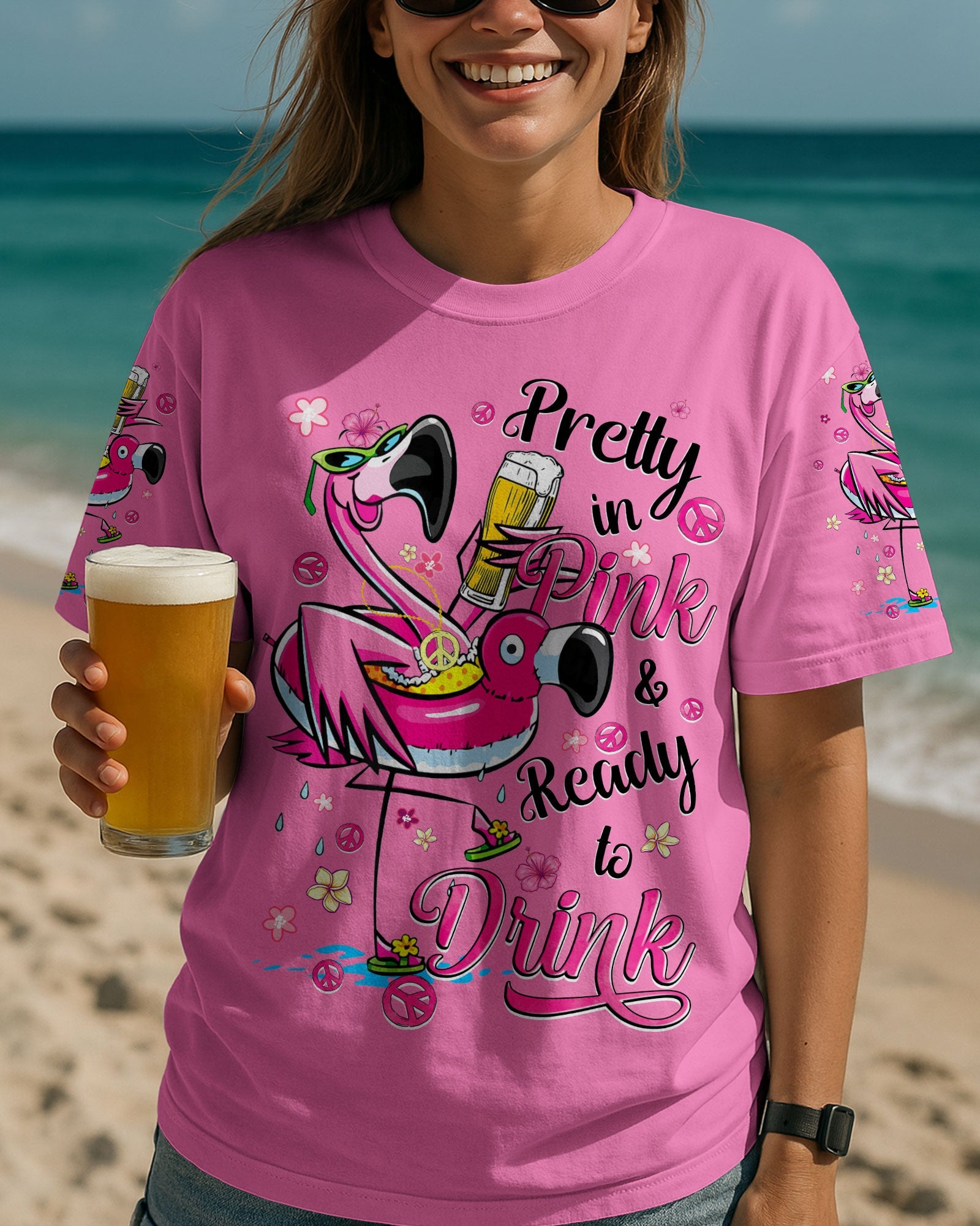 Pretty in Pink Flamingo Ready to Drink Funny Summer Beach Tee for Women AOP Shirts _1_ lu9wo