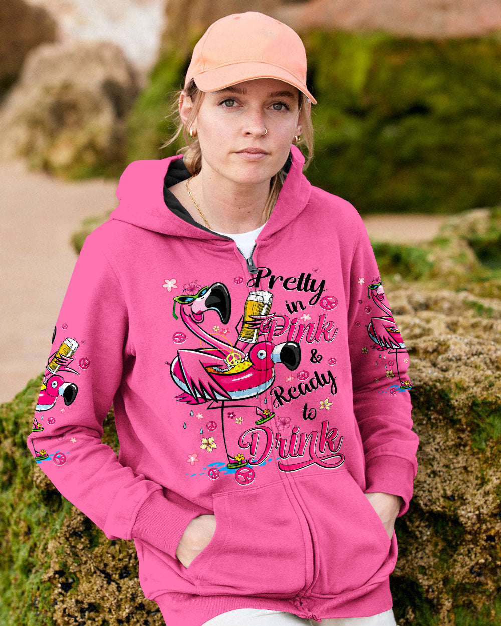 Pretty in Pink Flamingo Ready to Drink Funny Summer Beach Tee for Women AOP Shirts _5_ b71Lq