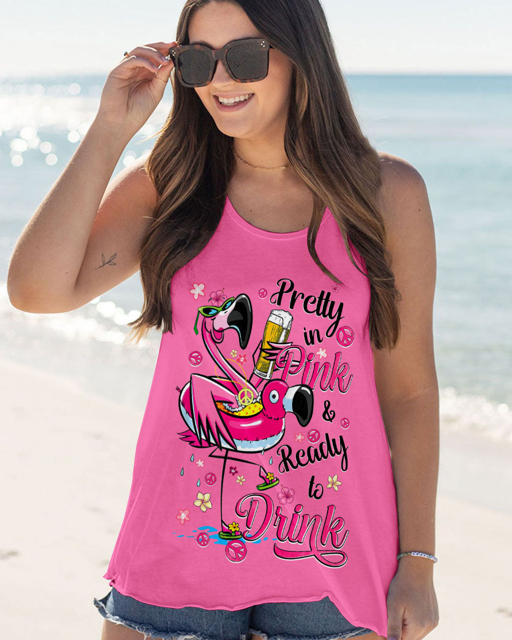 Pretty in Pink Flamingo Ready to Drink Funny Summer Beach Tee for Women AOP Shirts _6_ h5ipE