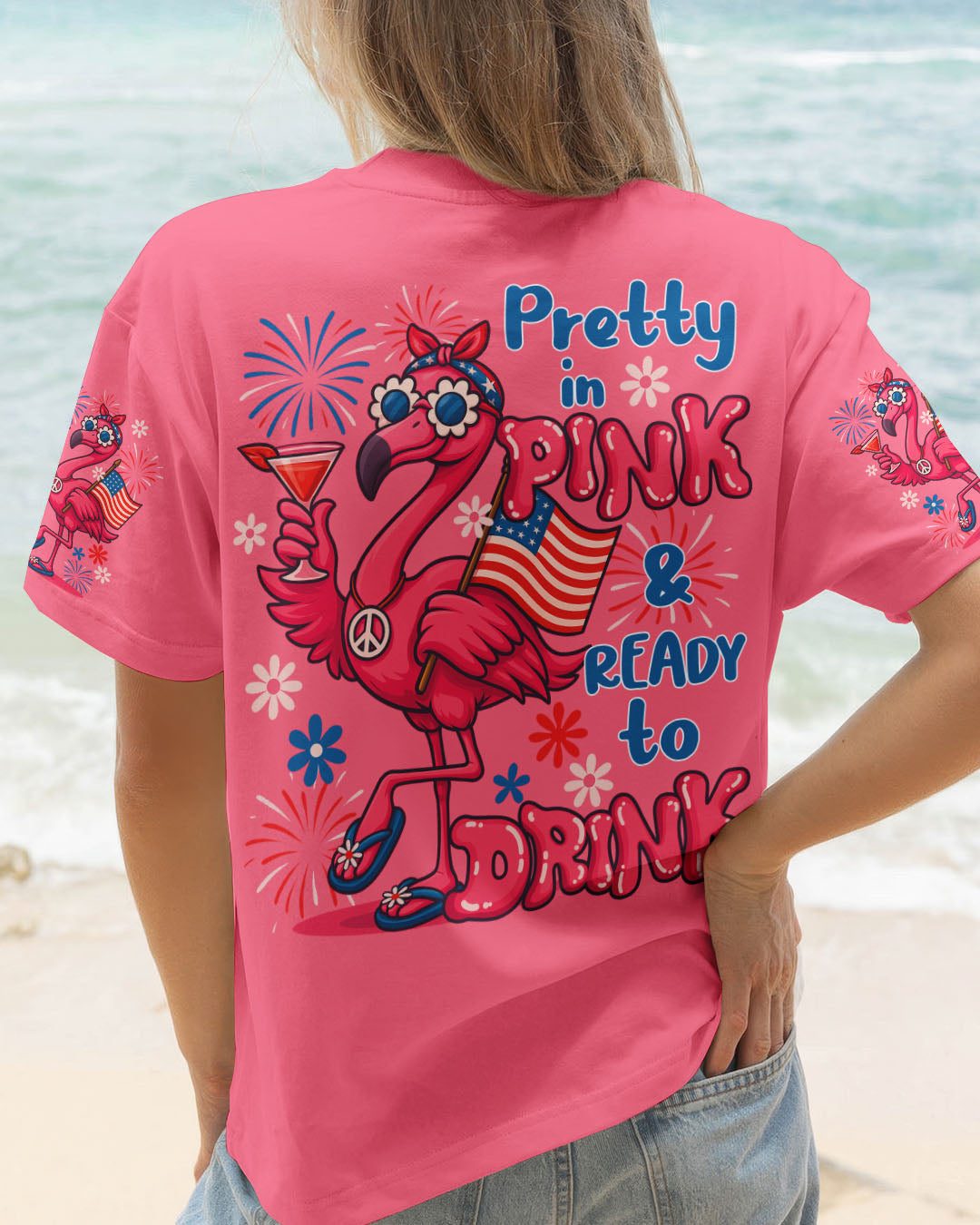 Pretty in Pink Flamingo Ready to Drink Funny Summer Tee for Women AOP Shirts _1_ yJNEt