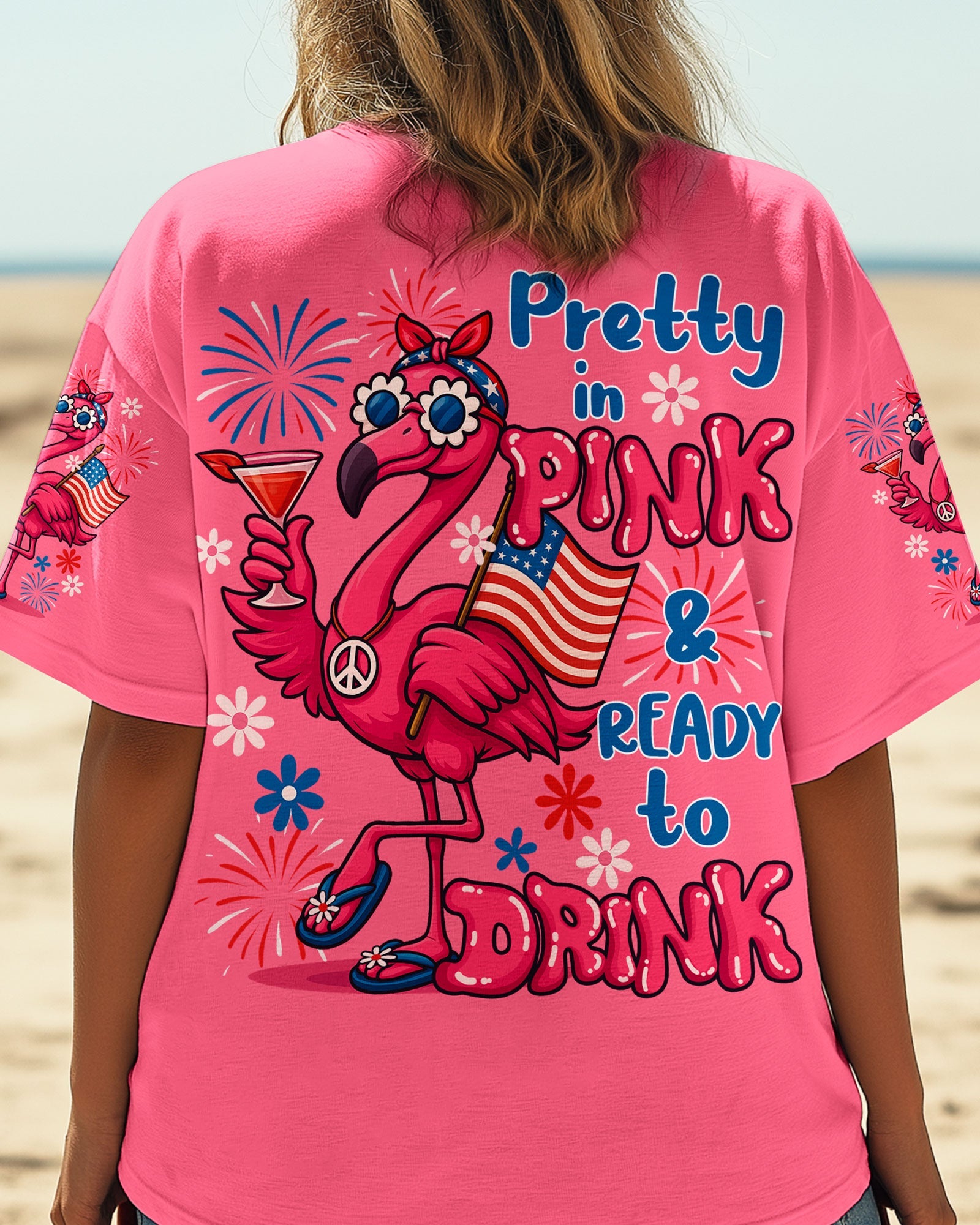 Pretty in Pink Flamingo Ready to Drink Funny Summer Tee for Women AOP Shirts _4_ UCn7u
