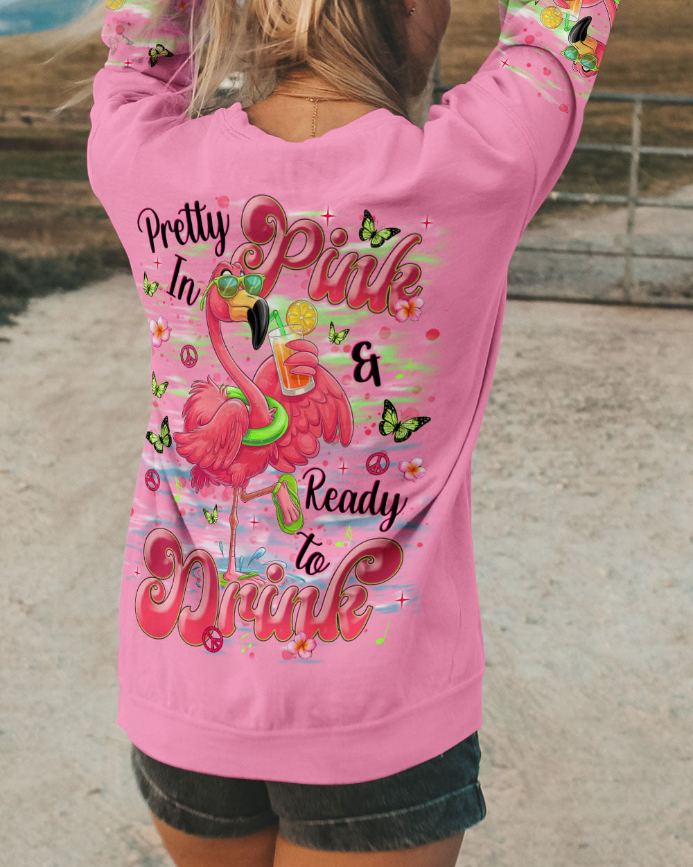 Pretty in Pink Flamingo Ready to Drink Vibrant Summer Tee for Women AOP Shirts _10_ LtsMG