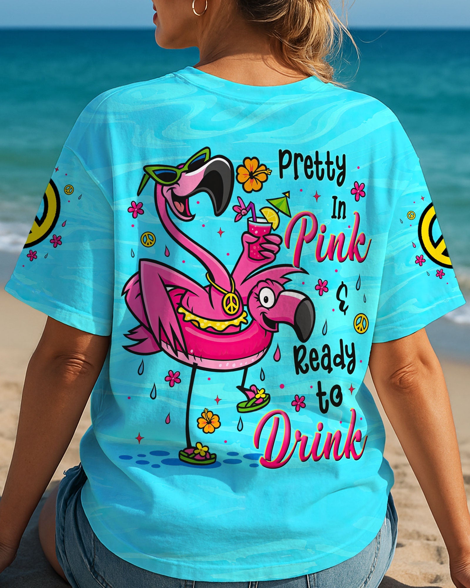 Pretty in Pink Ready To Drink Flamingo Fun Graphic Tee with Drink Peace _26 Flower for Women AOP Shirts _3_ rWsMj