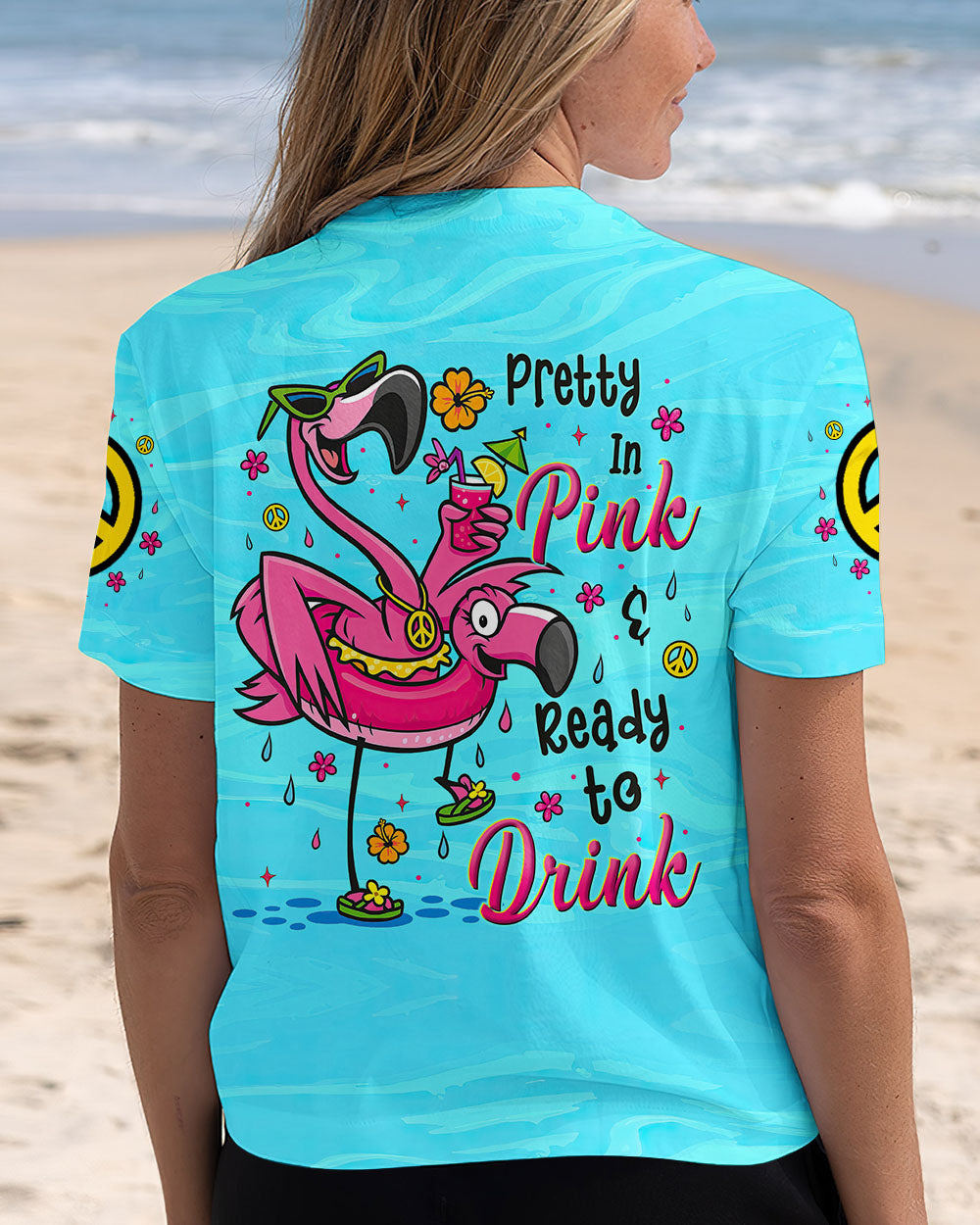 Pretty in Pink Ready To Drink Flamingo Fun Graphic Tee with Drink Peace _26 Flower for Women AOP Shirts _5_ STx2q