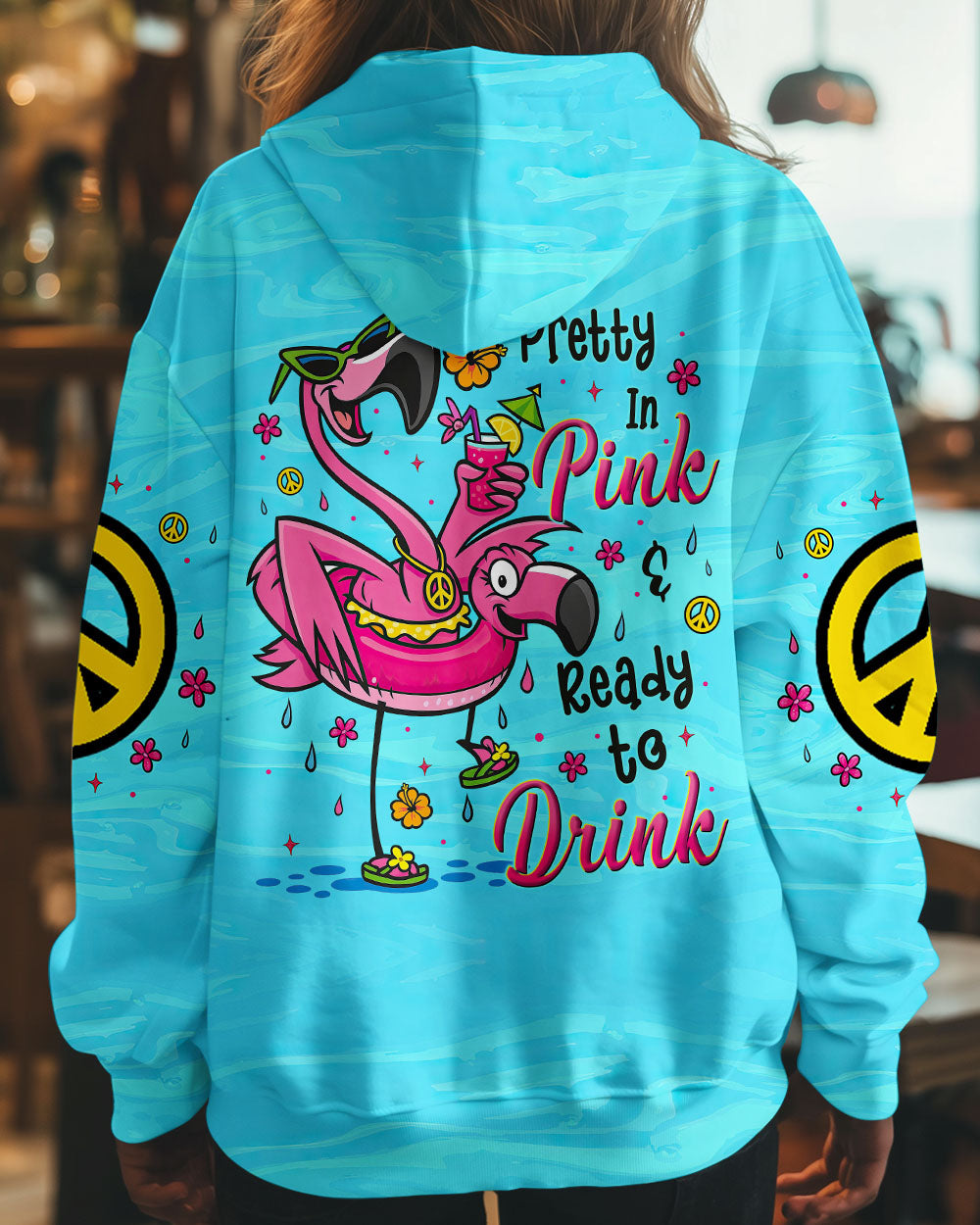 Pretty in Pink Ready To Drink Flamingo Fun Graphic Tee with Drink Peace _26 Flower for Women AOP Shirts _7_ fKJic