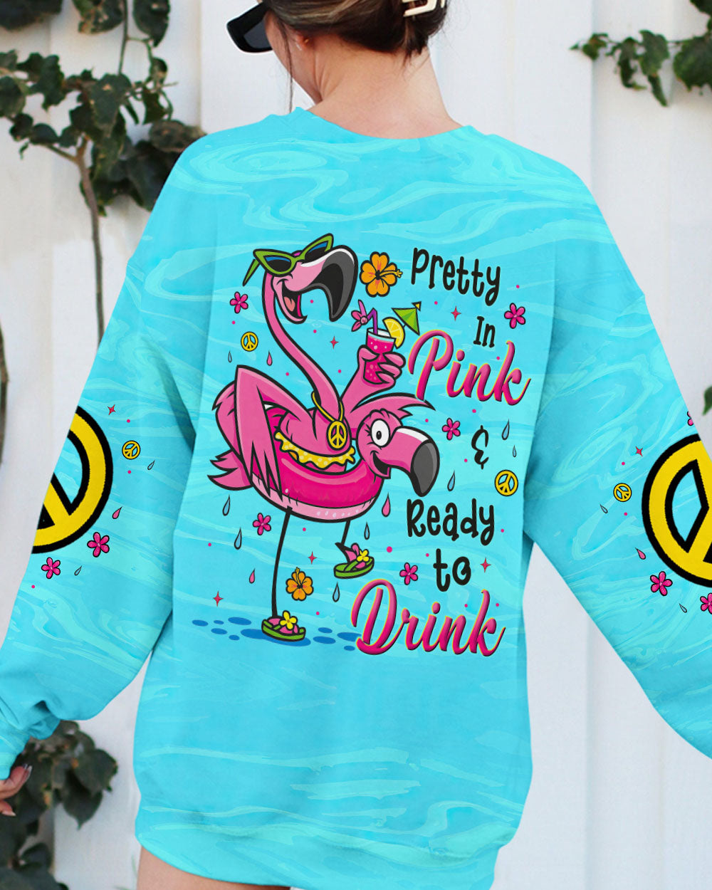 Pretty in Pink Ready To Drink Flamingo Fun Graphic Tee with Drink Peace _26 Flower for Women AOP Shirts _9_ dDFJU