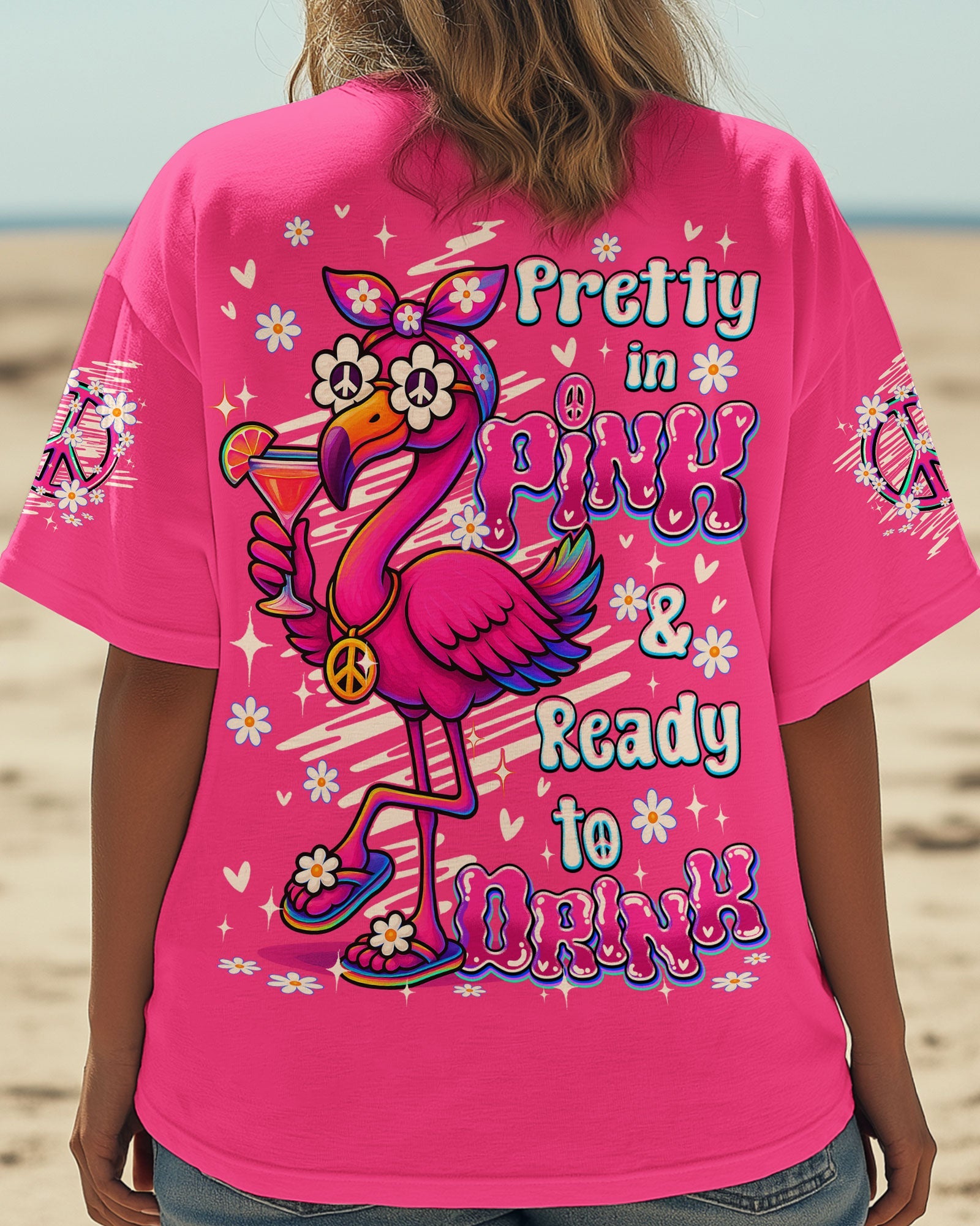 Pretty in Pink _26 Ready to Drink Cute Flamingo Peace Sign with Cocktail Hippie Vibe AOP Shirts _11_ Tv0Ln