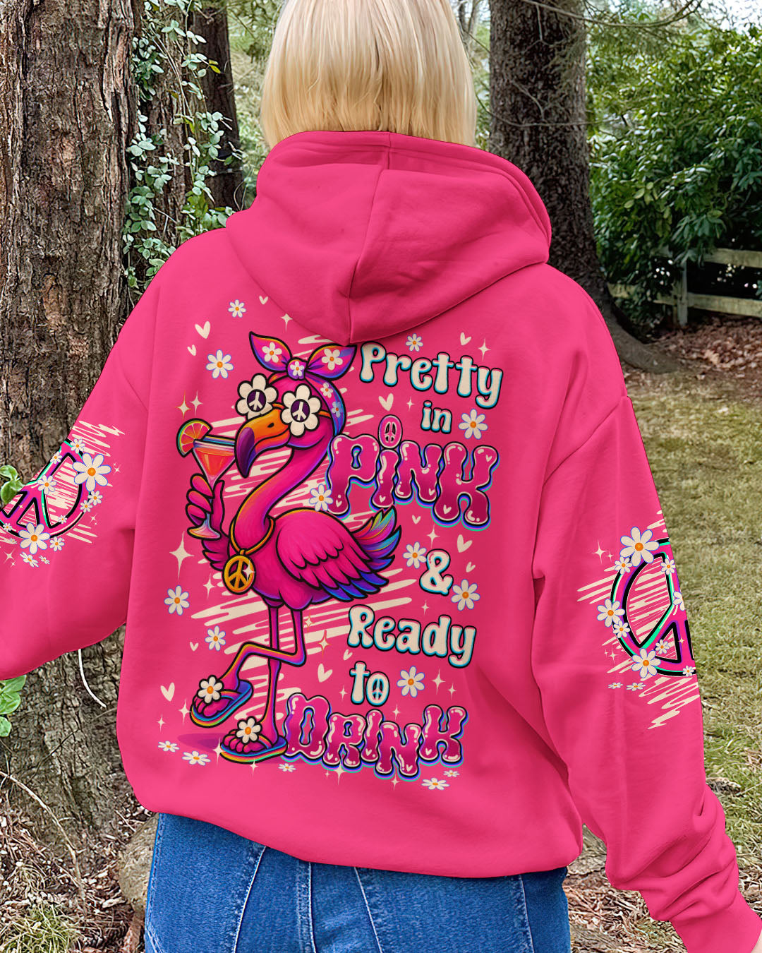Pretty in Pink _26 Ready to Drink Cute Flamingo Peace Sign with Cocktail Hippie Vibe AOP Shirts _9_ z2CbX