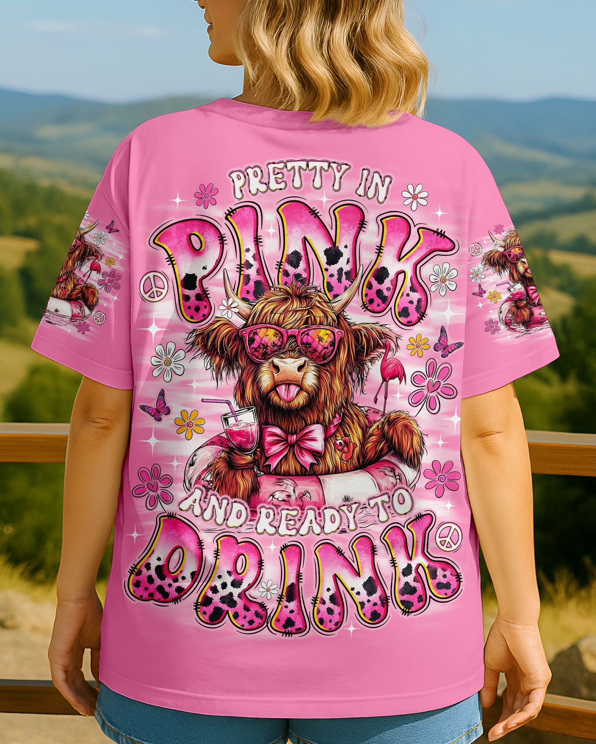 Pretty in Pink and Ready to Drink Funny Cow Retro Vibes with Pink Bowtie _26 Glasses AOP Shirts _1_ 2soNQ