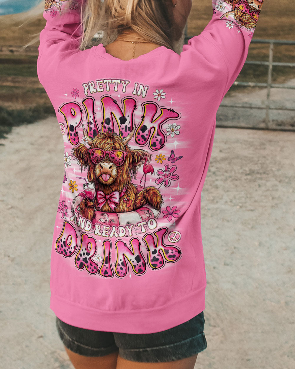 Pretty in Pink and Ready to Drink Funny Cow Retro Vibes with Pink Bowtie _26 Glasses AOP Shirts _7_ h32xf