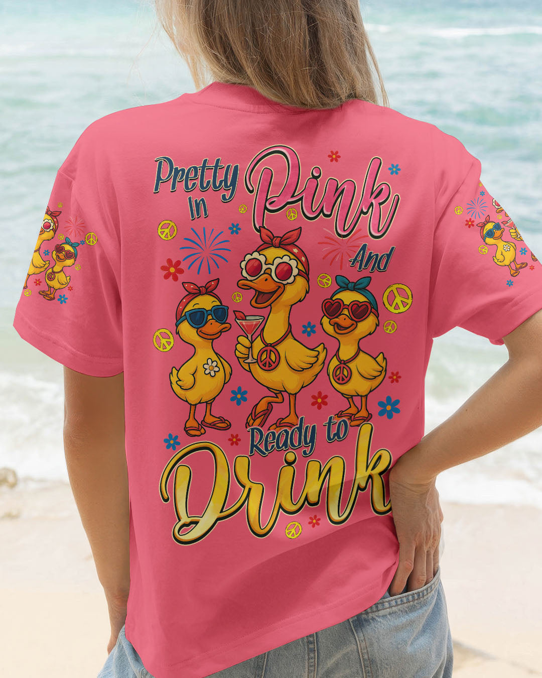 Pretty in Pink and Ready to Drink Funny Duck Ready to Drink Graphic Tee for Women AOP Shirts _1_ GoH4P