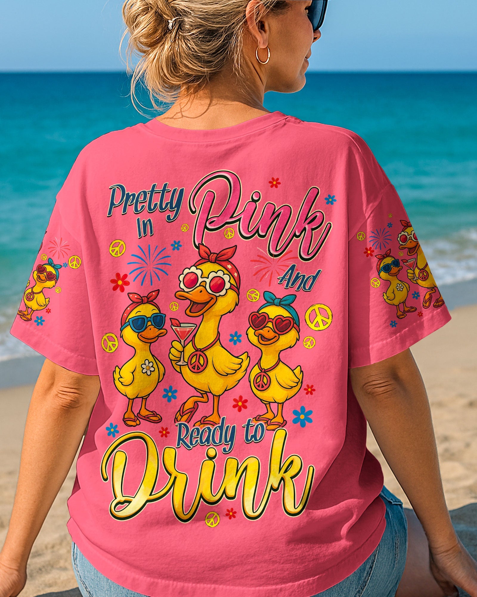 Pretty in Pink and Ready to Drink Funny Duck Ready to Drink Graphic Tee for Women AOP Shirts _4_ Dzozh