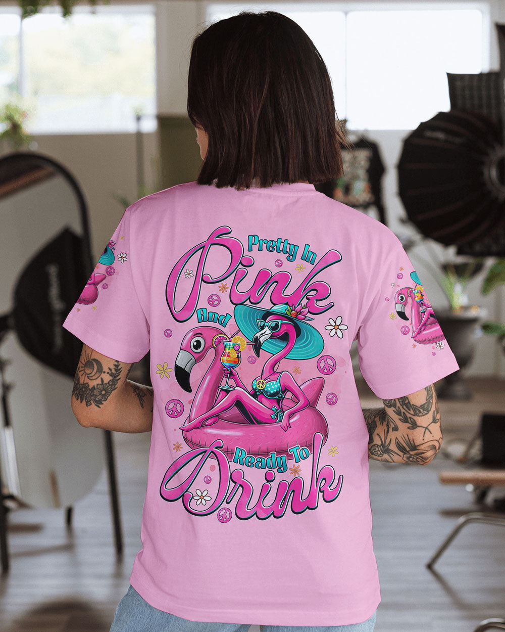 Pretty in Pink and Ready to Drink Funny Flamingo Cocktail Tropical AOP Shirts _1_ is1tS