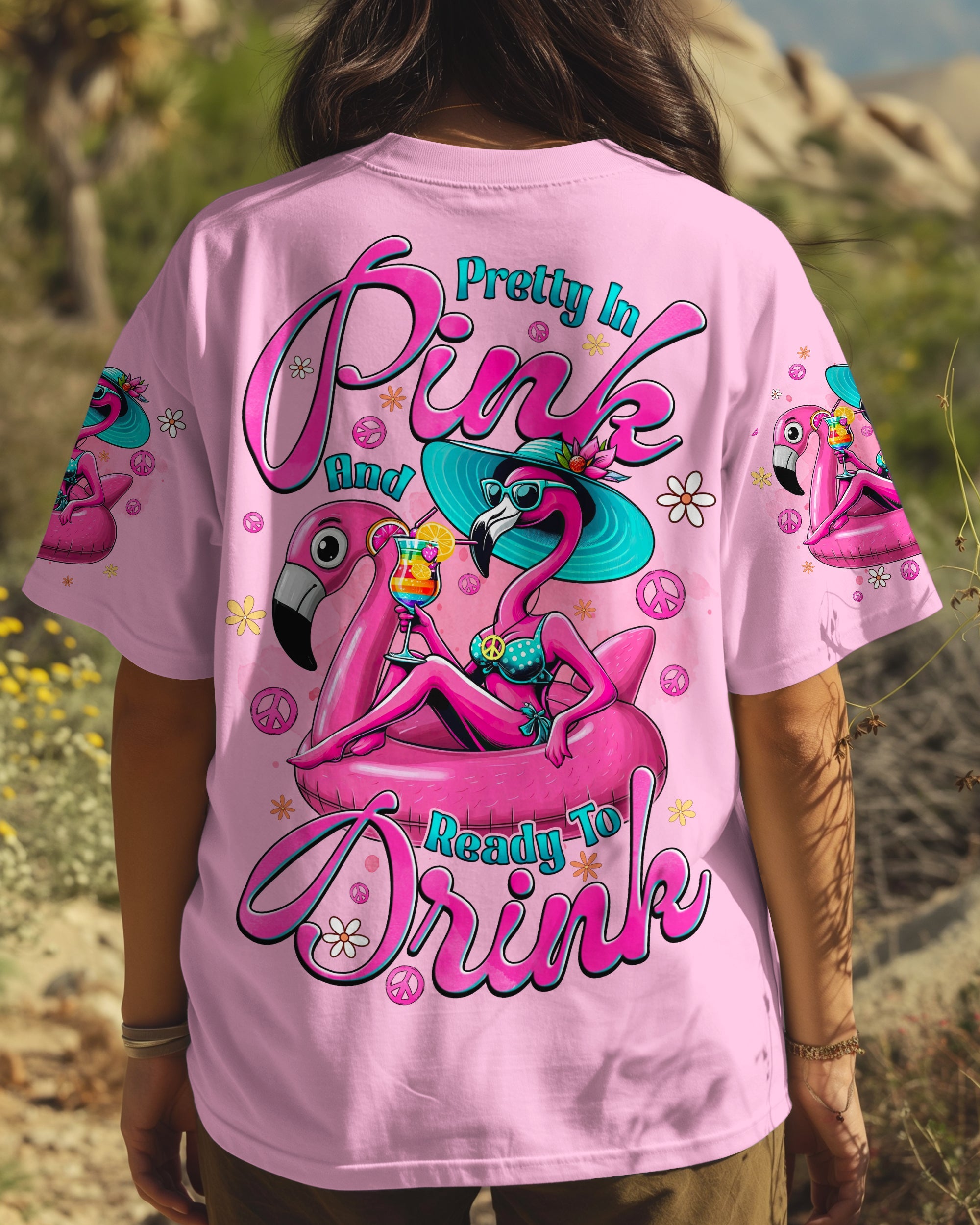 Pretty in Pink and Ready to Drink Funny Flamingo Cocktail Tropical AOP Shirts _3_ V9AAA