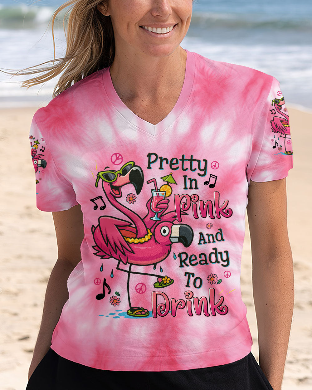Pretty in Pink and Ready to Drink Funny Flamingo Ready to Drink Tie Dye Dessign for Women AOP Shirts _2_ XdfAh