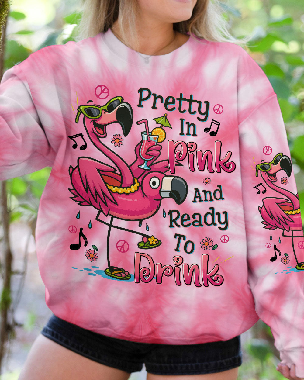 Pretty in Pink and Ready to Drink Funny Flamingo Ready to Drink Tie Dye Dessign for Women AOP Shirts _4_ wFwvG