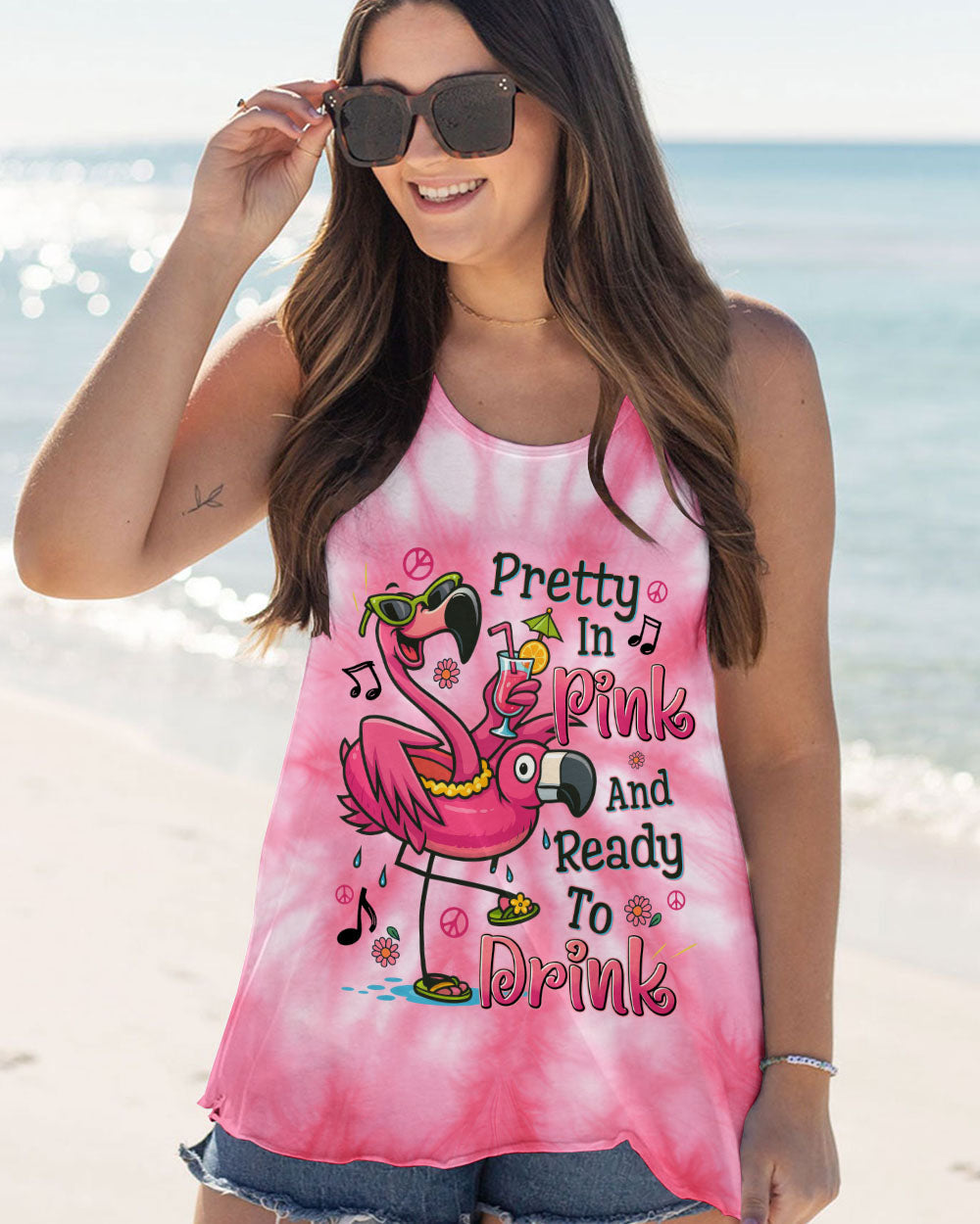 Pretty in Pink and Ready to Drink Funny Flamingo Ready to Drink Tie Dye Dessign for Women AOP Shirts _6_ TCxc8