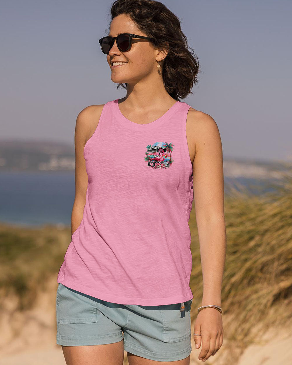 Pretty in Pink and Ready to Drink Pink Flamingo Beach Graphic Tee for Women AOP Shirts _13_ gtoOX