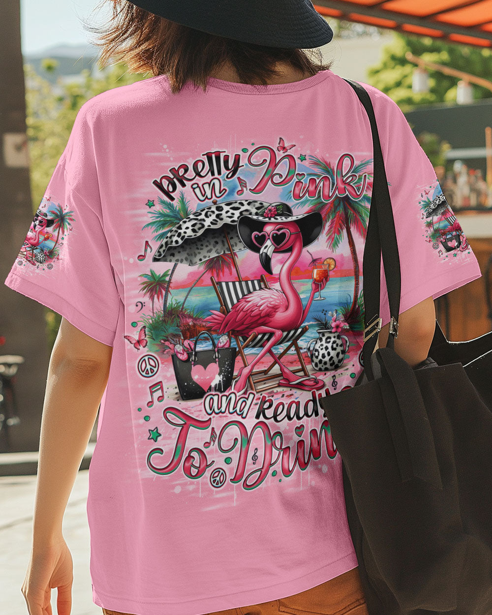 Pretty in Pink and Ready to Drink Pink Flamingo Beach Graphic Tee for Women AOP Shirts _6_ skPF1