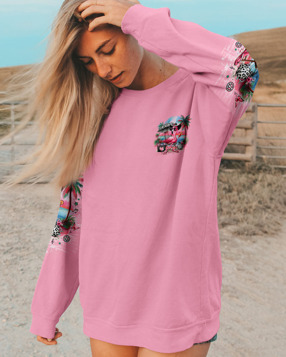 Pretty in Pink and Ready to Drink Pink Flamingo Beach Graphic Tee for Women AOP Shirts _9_ aTrrG